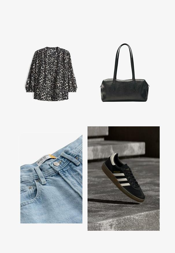 Zwarte blouse met een crèmekleurig abstract patroon, voorzien van een V-hals, knopen aan de voorkant en gathered mouwen voor een ontspannen pasvorm. Textuurstof.; Next Bootcut jeans - bleach; Zwarte Adidas sneaker met witte strepen en gumzool die boven grijze betonnen trappen zweeft in natuurlijk licht.; Zwarte rechthoekige leren handtas met twee lange schouderbanden en een ritssluiting aan de bovenzijde.