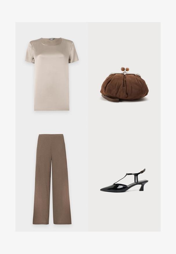 Beige t-shirt met korte mouwen, gemaakt van glad satijnstof, met een ronde halslijn en een minimalistisch ontwerp zonder versieringen.; Wijde bruine broek met een platte tailleband, zonder zichtbare zakken of sluitingen, weergegeven op een witte achtergrond.; Zwarte pumps van lakleer met spits toelopende neus, T-strap en lage schuine blokhak op witte achtergrond.; Zachte bruine suède polstasje met zilverkleurige metalen frame en ronde bruine sluitknopjes op een effen lichte achtergrond.