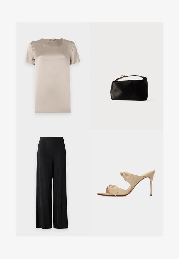 Beige kortærmet T-shirt lavet af glat satin stof med rund halsudskæring og minimalistisk design uden dekorationer.; Sorte, brede bukser lavet af glat stof, med en høj talje og uden synlige lommer eller hardware. Gulvlængde design.; Beige åben tå højhælet mule-sandal med to snoede knudestrimler og en slank stilet-hæl på hvid baggrund.; Sort satinpung med en afrundet form, et håndtag i toppen og en guldaccentlås. Glat tekstur med et minimalistisk design.