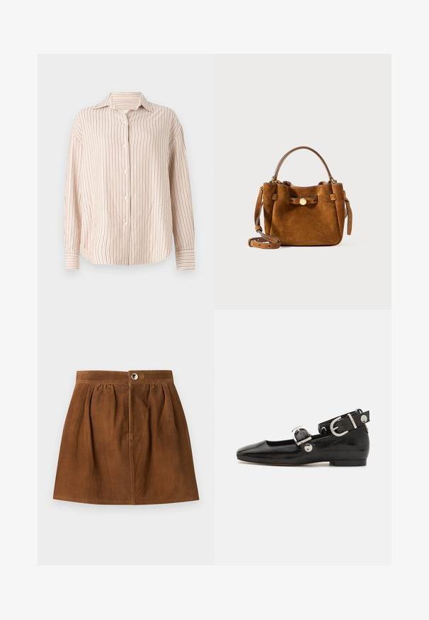 Gestreepte button-up shirt in off-white met dunne verticale rode strepen. Heeft een spread collar en lange mouwen met manchet-einden.; Bruine suède A-lijn rok met plooien, knopen aan de voorkant en verborgen ritssluiting, plat uitgestald op een lichtgrijze achtergrond.; Zwarte gepatineerde leren platte schoen met een vierkante neus, enkelband met zilverkleurige hardware en platte zool. Gladde textuur met minimalistisch ontwerp.; Bruin suède handtas met een ronde vorm, korte handvatten en een afneembare schouderriem. Accentueert met een gouden knop en vierkante patches.
