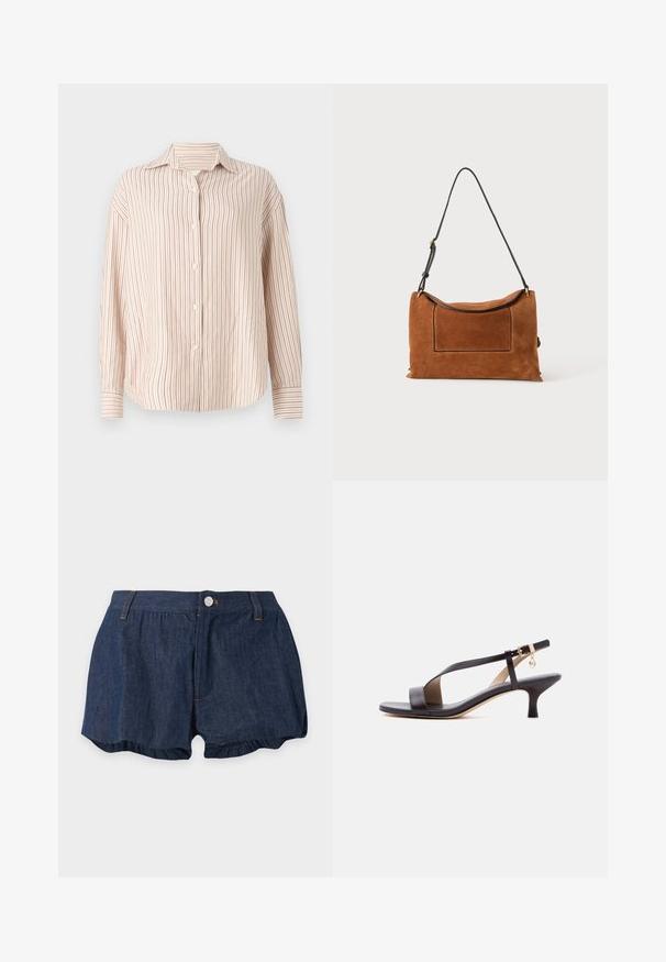 Stribet skjorte i off-white med tynde lodrette røde striber. Har en spread krave og lange ærmer med manchetter.; Mørkeblå denimshorts med knap- og lynlåslukning, bæltestropper og let flæsedetalje ved benenderne på en ensfarvet baggrund.; Sort læder åben tå sandal med lav hæl, diagonalt rem, ankelspænde og lille guldfarvet vedhæng på hvid baggrund.; Brun ruskind skuldertaske med en lang sort justerbar rem og en rektangulær lomme foran mod en ensfarvet baggrund.