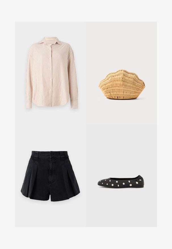 Raidallinen nappikauluspaita vaaleassa valkoisessa, ohuilla pystysuorilla punaisilla raidoilla. Omaaa levitetyn kauluksen ja pitkät hihat, joissa on nappikiinnitys.; Mustat pleated-shorts kevyestä kankaasta. Varustettu etupainikkeella ja kahdella sivutaskulla. Sileä rakenne ja siisti viimeistely.; Musta balettikengän litteä malli, jossa on joustava takaosa ja yläpuolella hajallaan suuria hopeisia pyöreitä niittejä, kuvattuna sivuprofiilissa valkoisella taustalla.; Punottu rottinkinen käsilaukku, joka on muotoiltu kampasimpukankuoreksi, luonnollisen vaaleanruskealla värillä ja pyöreillä, teksturoiduilla reunoilla.