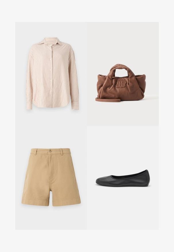 Gestreepte button-up shirt in off-white met dunne verticale rode strepen. Heeft een spread collar en lange mouwen met manchet-einden.; Beige katoenen shorts met een klassiek ontwerp, voorzien van een sluiting met een voorknop en riemlussen. Glad van textuur met zijzakken.; Zwarte leren ballerina met een ronde neus, gladde textuur, minimale stikdetails en een flexibele zoolontwerp.; Zachte bruine leren handtas met korte handgrepen, een vooraan gestikt logo en een afneembare lange band op een effen lichte achtergrond.