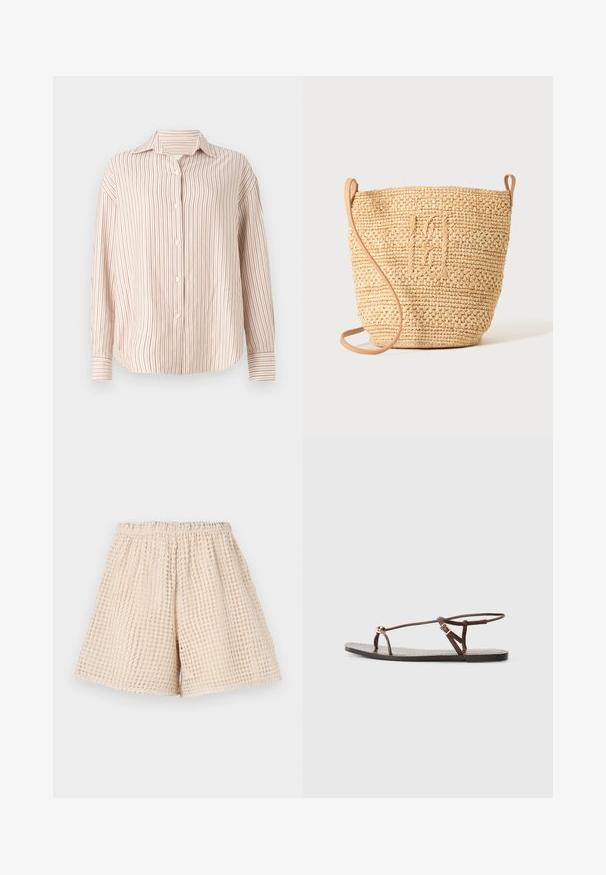 Gestreepte button-up shirt in off-white met dunne verticale rode strepen. Heeft een spread collar en lange mouwen met manchet-einden.; Beige shorts met een gestructureerd, wafelachtig patroon. Elastische tailleband en losse pasvorm. Lengte tot halverwege de dij. Lichtgewicht materiaal.; Bruine leren sandaal met dunne banden, een gouden cirkelaccent en een platte zool. Minimalistisch ontwerp met een verstelbare gesp.; Gevlochten strooien bucket bag met een gestructureerd patroon en leren riem, rechtopstaand weergegeven op een egale lichte achtergrond.