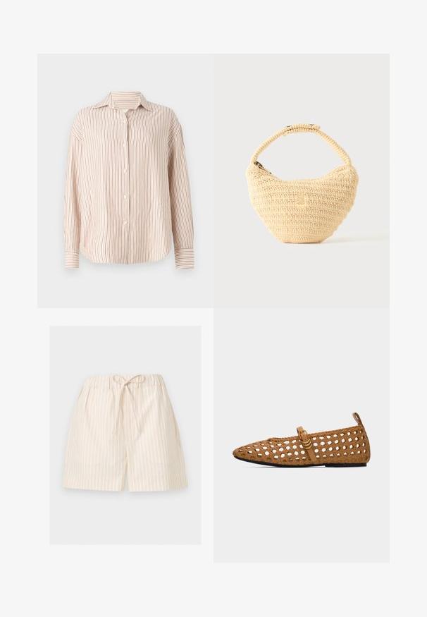 Gestreepte button-up shirt in off-white met dunne verticale rode strepen. Heeft een spread collar en lange mouwen met manchet-einden.; Lichtbeige korte broek met dunne verticale strepen en een elastische tailleband die aan de voorkant in een strik is gebonden, weergegeven op een witte achtergrond.; Bruine geweven platte schoen met spitse neus, enkele band en gouden gesp, en een trek-lus aan de hiel, op een witte achtergrond.; Beige geweven handtas met afgerond lichaam, ritssluiting en een korte, dikke band in een eenvoudige, gestructureerde haakstijl.