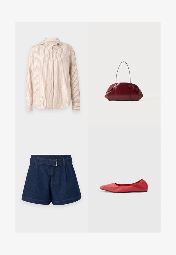 Camisa abotonada a rayas en blanco roto con finas rayas verticales rojas. Presenta un cuello esparcido y mangas largas con puños.; Shorts de denim azul oscuro con un diseño de pliegues anchos, un cinturón con hebilla de metal y detalles de costura naranja visibles.; Filippa K REY FLATS - Bailarinas - bright red; Bolso de piel texturizada de color rojo intenso, con asa larga y delgada, parte superior curva y extremos redondeados sobre un fondo claro y sencillo.