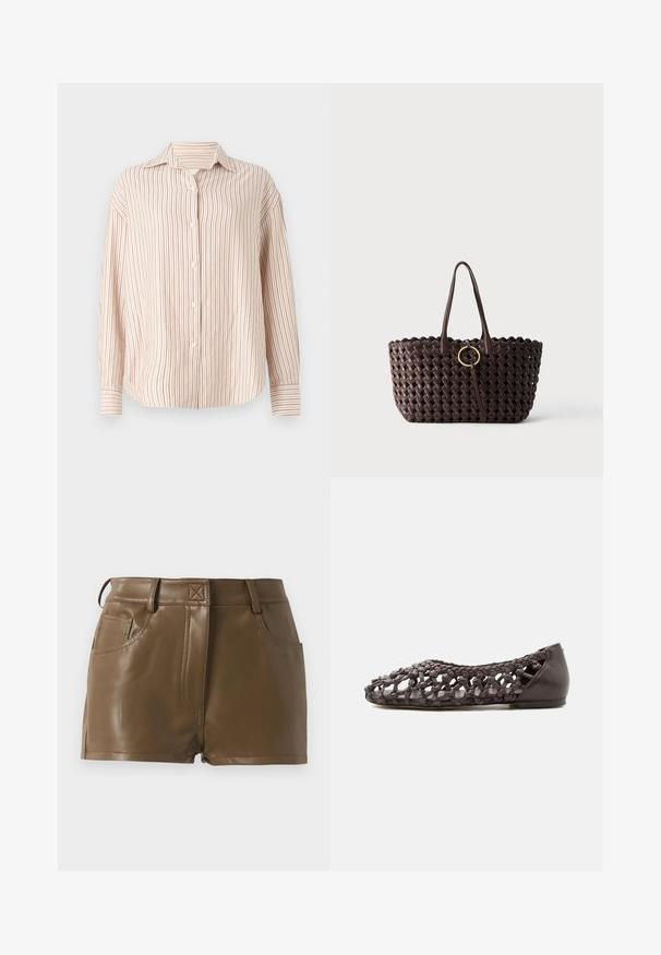 Camisa abotonada a rayas en blanco roto con finas rayas verticales rojas. Presenta un cuello esparcido y mangas largas con puños.; Pantalones cortos de cuero sintético marrón con diseño ajustado, cinturilla con trabillas para cinturón, bolsillos frontales y detalles de costura visibles.; Zapato plano marrón oscuro con diseño de rejilla de cuero entrelazado y tacón sólido, mostrado de perfil sobre un fondo blanco.; Bolso tote tejido de color marrón oscuro con dos asas y un detalle de hebilla circular dorada en el centro sobre un fondo liso.