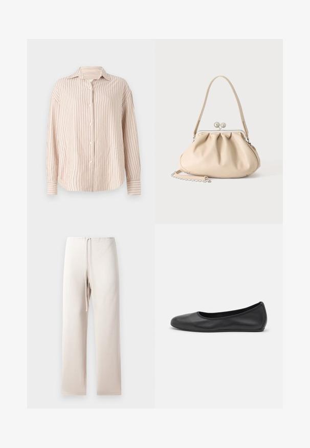 Camisa abotonada a rayas en blanco roto con finas rayas verticales rojas. Presenta un cuello esparcido y mangas largas con puños.; Pantalones de tela beige claro con corte recto, que presentan una cinturilla elástica y cordón. El material parece suave y liso.; Bailarina de piel negra con punta redondeada, textura suave, detalle de costura minimalista y diseño de suela flexible.; Bolso de mano de cuero suave beige con cierre de marco metálico plateado, una correa para el hombro y una correa de cadena opcional sobre un fondo blanco.
