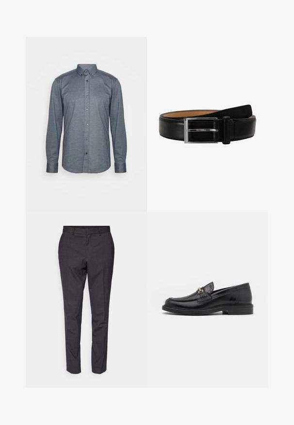 Langærmet skjorte i mørkegrå stof, med krave, frontknapper og manchetter. Glat tekstur med en tætsiddende pasform.; Grå skræddersyede bukser med en glat tekstur, slim fit og tapered ben, der har en flad front og bæltestropper for ekstra detaljer.; Sorte læder loafers med en rund tå, der har guld hardware accent og syningsdetaljer, placeret på en lav, tekstureret gummisål.; Sort læderbælte med en sølv rektangulær spænde, der har en glat overflade og kontrasterende lys brun foring på indersiden.