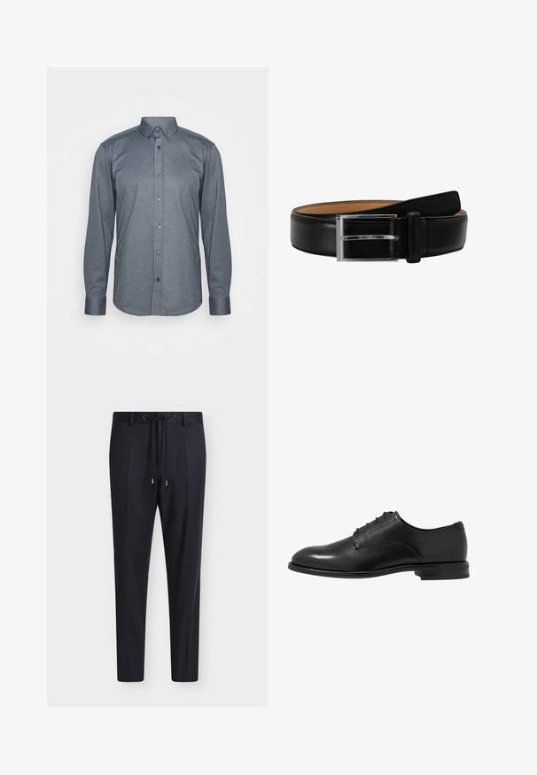 Langärmliges Hemd mit Knöpfen aus dunkelgrauem Stoff, mit einem Kragen, Frontknöpfen und Manschetten. Glatte Textur mit passgenauer Design.; Schwarze maßgeschneiderte Hose mit Tunnelzug in der Taille und subtilen vorderen Falten, dargestellt auf einem schlichten hellen Hintergrund.; Schwarze Lederschuhe mit glatter Oberfläche, runder Zehenform, sechs Ösen und niedrigem, gestapeltem Absatz. Einfaches, klassisches Design.; Schwarzer Leder-Gürtel mit einer silbernen rechteckigen Schnalle, die eine glatte Textur aufweist und auf der Innenseite mit einem kontrastierenden hellbraunen Futter versehen ist.