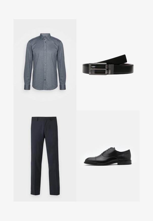 Camisa de manga larga abotonada en tela gris oscuro, con cuello, botones frontales y puños. Textura suave con un diseño ajustado.; Pantalones de vestir negros de pierna recta con trabillas para cinturón y cremallera frontal, exhibidos sobre un fondo liso.; Zapato de vestir de cuero negro con punta redonda, diseño con cordones y detalles de costura sutiles. Presenta un tacón bajo y una textura suave.; Cinturón de cuero negro con una hebilla de metal plateado brillante. La hebilla presenta un diseño de doble punta. Textura suave con un acabado pulido.