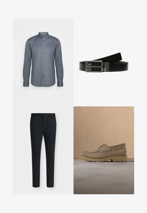 Camisa de manga larga abotonada en tela gris oscuro, con cuello, botones frontales y puños. Textura suave con un diseño ajustado.; Pantalones de vestir negros de corte ajustado con trabillas, cremallera frontal y sin bolsillos visibles, mostrados sobre un fondo blanco liso.; Zapato casual beige de ante con cordones y suela gruesa y acanalada, mostrado en el aire sobre una superficie y fondo beige texturizados que combinan.; Cinturón de cuero negro con una hebilla de metal plateado brillante. La hebilla presenta un diseño de doble punta. Textura suave con un acabado pulido.