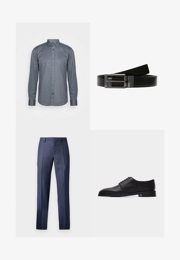 Camisa de manga larga abotonada en tela gris oscuro, con cuello, botones frontales y puños. Textura suave con un diseño ajustado.; Pantalones de vestir azul marino para hombre, confeccionados con un tejido texturizado, que presentan un corte ajustado, frontal plano y dos pliegues marcados que recorren las piernas.; Zapato Oxford de vestir de cuero negro para hombre con cordones cerrados y tacón apilado bajo, mostrado en perfil lateral sobre un fondo blanco.; Cinturón de cuero negro con una hebilla de metal plateado brillante. La hebilla presenta un diseño de doble punta. Textura suave con un acabado pulido.