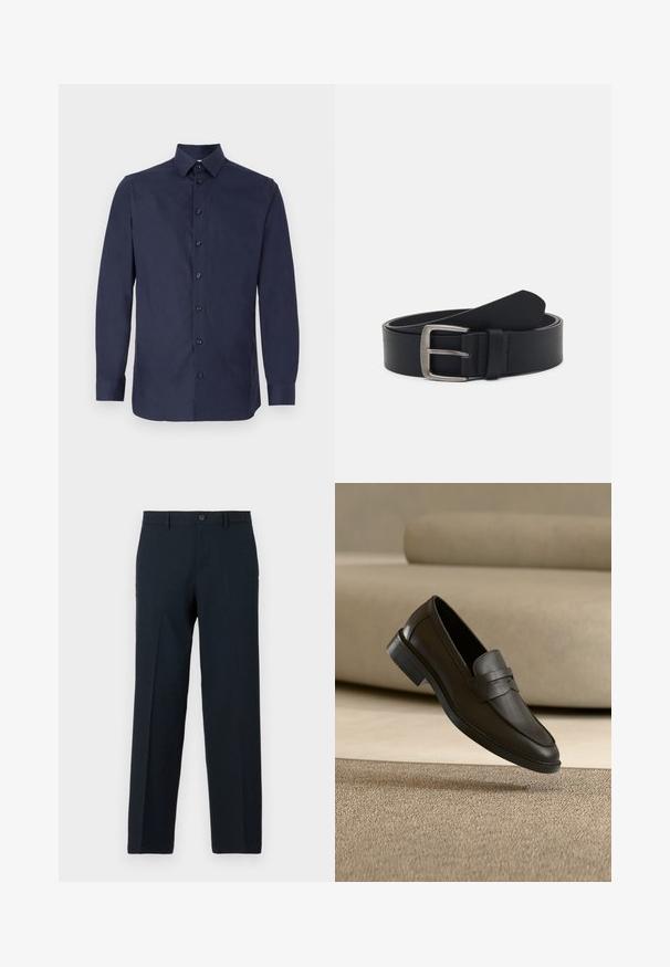 Donkerblauw overhemd met knopen, gemaakt van gladde stof, met een klassieke kraag, lange mouwen en zeven zwarte knopen aan de voorkant.; Zwarte slim-fit broek met knoop- en ritssluiting, ceintuurlussen en rechte pijp.; Zwarte leren loafer die rust op een beige tapijt met een gebogen beige bank op de achtergrond.; Zwarte leren riem met een zilveren metalen gesp, voorzien van een gladde afwerking en een klassiek ontwerp. De riem is opgerold met de punt van het uiteinde.