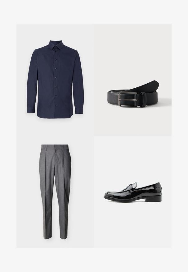 Chemise de couleur bleu marine, boutonnée, en tissu lisse, avec un col classique, des manches longues et sept boutons noirs le long du devant.; Pantalon de tailleur gris avec plis et passants pour ceinture, présenté à plat sur un fond blanc.; Mocassin pour homme en cuir verni noir avec talon bas, bout arrondi, et détail de bride sur le dessus, sur fond blanc.; Ceinture en cuir noir roulée avec une boucle métallique argentée rectangulaire sur un fond clair uni.