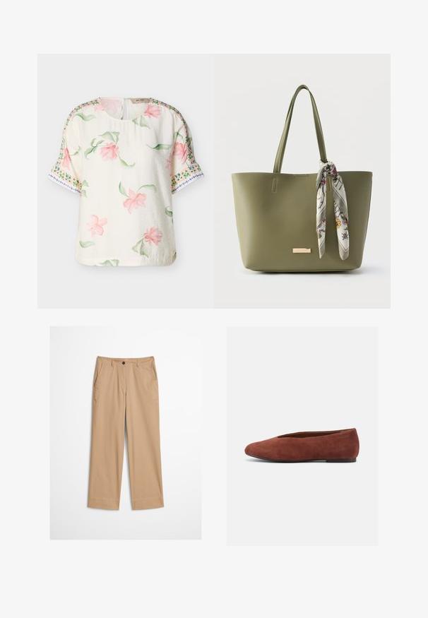 Blouse courte à manches courtes crème avec imprimé floral rose et feuilles vertes, ornée de motifs décoratifs en bordure verte et bleue sur les manches.; Pantalon beige en coton avec jambes droites, fermeture à bouton sur le devant et texture lisse. Comprend des passants de ceinture standard et un design à l'avant plat.; Chaussure de ballet pour femme en daim marron plat, avec bout rond et talon bas, vue de profil gauche sur fond blanc.; Sac cabas vert olive avec double poignées et une écharpe à motif floral attachée à une poignée.