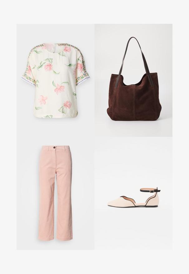 Blouse courte à manches courtes crème avec imprimé floral rose et feuilles vertes, ornée de motifs décoratifs en bordure verte et bleue sur les manches.; Pantalons en velours côtelé rose clair à jambe droite avec passants de ceinture, fermeture à bouton devant et sans poches visibles.; Ballet flat en beige clair avec un bout pointu, présentant un design à découpes arrondies et une bride noire à la cheville. Texture lisse et style minimaliste.; Sac fourre-tout en daim marron avec deux anses en cuir noir. Texture douce, haut arrondi et un intérieur spacieux. Aucun matériel ou embellissement visible.