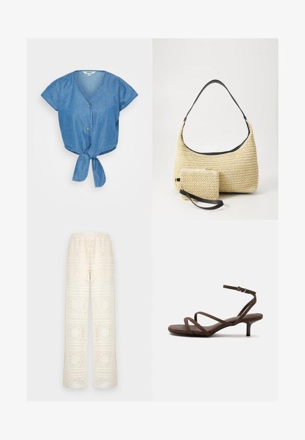 Top de denim azul con escote en V, mangas cortas y un dobladillo anudado en la parte delantera. Cuenta con dos botones y una tela ligeramente texturada.; Pantalones anchos de encaje blanco con patrones recortados geométricos y florales, cintura elástica y tejido semitransparente.; Sandalia marrón de tacón alto con tiras finas cruzadas y una correa en el tobillo con una hebilla plateada sobre un fondo blanco.; Bolso de paja tejido con una silueta curva, que cuenta con una suave correa de cuero negro y un pequeño estuche a juego, sujeto por una correa de muñeca.