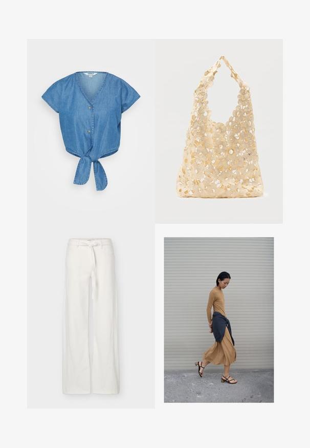 Top de denim azul con escote en V, mangas cortas y un dobladillo anudado en la parte delantera. Cuenta con dos botones y una tela ligeramente texturada.; Pantalones blancos de pierna ancha con bolsillos delanteros y cinturón de tela anudado en la cintura, exhibidos sobre un fondo liso.; Mujer caminando con un vestido largo color topo y sandalias negras, con un suéter oscuro atado alrededor de la cintura, frente a una persiana cerrada.; Bolso tote beige de crochet con un patrón floral abierto, que presenta flores grandes y pequeñas y una sola asa en forma de lazo.