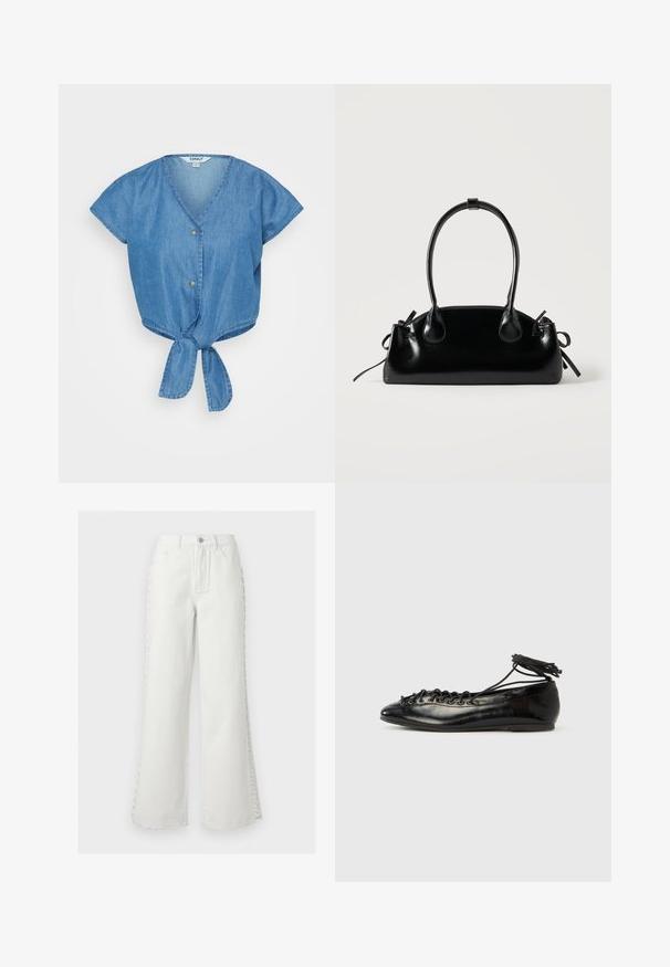 Blå denim top med V-hals, korte ærmer og en knyttet frontkant. Har to knapper og et let tekstureret stof.; Hvide jeans med høj talje og vide ben, foran lommer, bæltestropper, knaplukning og dekorativ snøredetalje på siderne af begge ben.; Sorte balletflade sko i laklæder med rundet tå, snørelukning og flad sål. Glat tekstur med få detaljer.; Lille sort blank håndtaske med to lange håndtag og snøre-detaljer i siden på en ensfarvet lys baggrund.