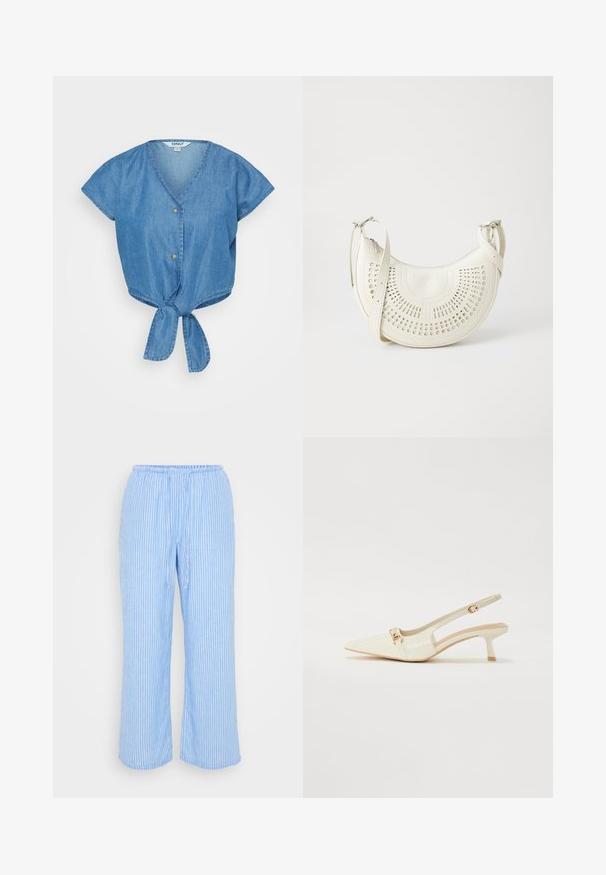 Blå denim top med V-hals, korte ærmer og en knyttet frontkant. Har to knapper og et let tekstureret stof.; Lysblå stribede bukser, lavet af blødt stof, med elastisk talje, snor og brede, cropped ben.; Hvide slingback-hæle i laklæder med spids tå, guldfarvede detaljer, lav kittenhæl og udskæringsdetalje på siden.; Hvid vegan læder skuldertaske med perforeret cirkulært design, justerbar strop og indgraveret logo foran. Lynlåslukning øverst.