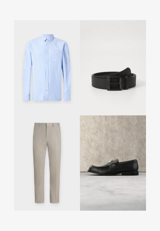 Lichtblauw langarm overhemd met knopen, gemaakt van zachte stof, met een button-down kraag en een enkele borstzak.; Lichtbeige op maat gemaakte broek met riemlussen en een smalle rechte pasvorm, weergegeven tegen een effen witte achtergrond.; Zwarte leren loafer met een metalen merktekenplaatje, rustend bij een bruine ronde tafel op een beige tapijtvloer.; Zwarte leren riem met een gestructureerde afwerking, voorzien van een matte zwarte metalen gesp. Gladde randen en een minimalistisch ontwerp.