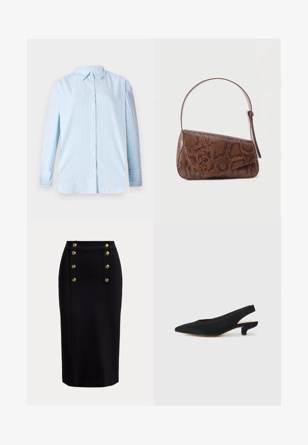 Blauw-wit gestreepte overhemd met lange mouwen, een button-down kraag en een rechte snit. Zachte stof met zichtbare knopen en details op de manchetten.; Zwarte kokerrok met hoge taille en verticale gouden knopen gerangschikt in twee rijen vlak bij de voorkant van de tailleband.; Zwarte suède slingbackhakken met een spits toelopende neus en een lage blokhak. Voorzien van een gladde textuur en een minimalistisch ontwerp.; Bruine leren schoudertas met slangenhuidpatroon, voorzien van een klepsluiting en een enkele verstelbare riem, tegen een effen achtergrond.