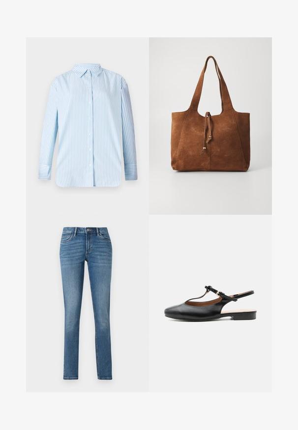 Blå og hvid stribet langærmet skjorte med knap-ned krave og lige skæring. Blødt stof med synlige knapper og mansjettdetaljer.; TOM TAILOR TTLENE SLIM FIT - Jeans Slim Fit - clean mid stone blue denim; Sort læder flad slingback-sko med T-rem og guldlås på neutral baggrund.; Brun ruskinds tote bag med to lange håndtag, snøre lukning og glat tekstur. Har et enkelt design og minimale accenter.