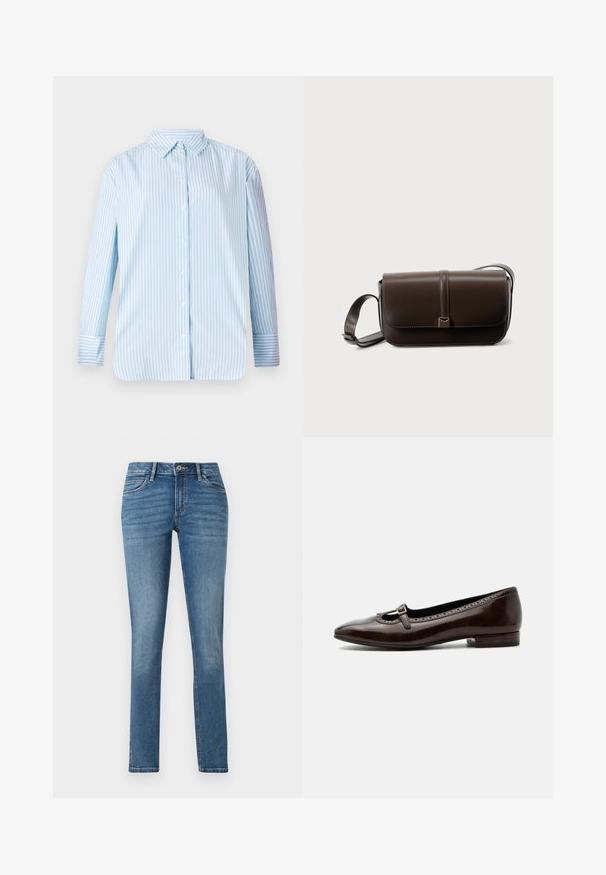 Camisa de manga larga a rayas azul y blanca con cuello abotonado y corte recto. Tejido suave con botones visibles y detalles en los puños.; TOM TAILOR TTLENE SLIM FIT - Vaqueros slim fit - clean mid stone blue denim; Zapato Mary Jane de piel patentada marrón oscuro con tacón bajo, puntera redondeada y pequeña correa con hebilla en la parte superior.; Bolso bandolera de cuero marrón con cierre de solapa, detalles en dorado y correa ajustable. Textura lisa con costura sencilla.