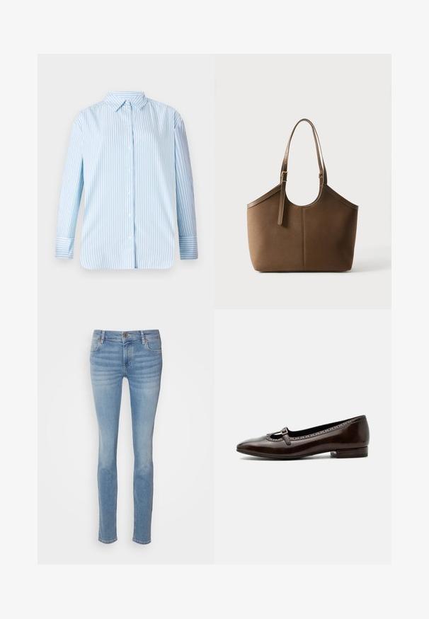 Camisa de manga larga a rayas azul y blanca con cuello abotonado y corte recto. Tejido suave con botones visibles y detalles en los puños.; Vaqueros ajustados color azul claro hechos de denim, con un diseño clásico de cinco bolsillos, cintura de media altura y un desgaste sutil a lo largo de las piernas.; Zapato Mary Jane de piel patentada marrón oscuro con tacón bajo, puntera redondeada y pequeña correa con hebilla en la parte superior.; Bolso tote de cuero marrón con correa de hombro ajustable y hebilla dorada, textura suave, presentado sobre un fondo blanco liso.