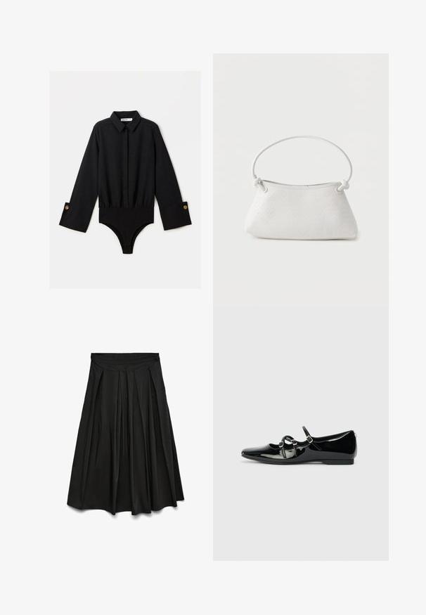Bodysuit negro de manga larga con cuello de solapa, cierre de botones en la parte frontal y cintura elástica. Presenta puños anchos con botones en tono dorado.; Falda midi negra plisada con cinturilla alta, silueta acampanada y textura de tela suave.; Zapatos planos de charol negro con punta afilada, diseño de doble tira con hebillas cuadradas y tacón bajo. Textura de superficie lisa.; Bolso de mano de cuero blanco tejido con asa redondeada y extremos de la correa anudados, exhibido sobre un fondo liso.