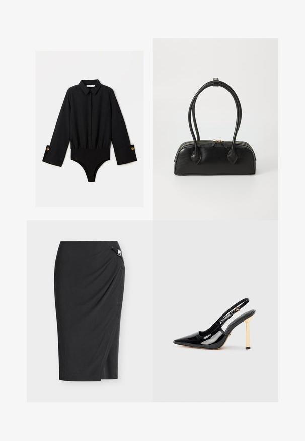 Bodysuit negro de manga larga con cuello de solapa, cierre de botones en la parte frontal y cintura elástica. Presenta puños anchos con botones en tono dorado.; Falda lápiz negra hasta la rodilla con diseño envolvente y un pequeño detalle de hebilla triangular plateada en la cintura.; Zapato de tacón alto de charol negro con puntera afilada y acento de tacón cuadrado en tono dorado. Cuenta con una correa de tobillo ajustable.; Bolso de mano de cuero negro con dos asas alargadas, cierre de cremallera y forma redondeada; textura suave con un acabado ligeramente brillante.