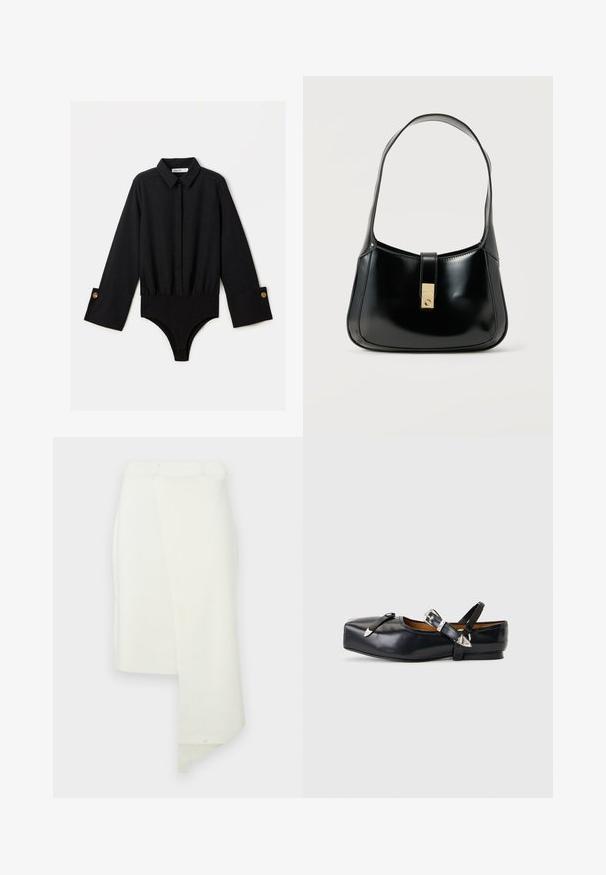 Body negro de manga larga con cuello, puños con botones y cierre a presión en la entrepierna, extendido sobre un fondo blanco.; Falda blanca hasta la rodilla con un diseño ajustado. Presenta un dobladillo asimétrico y una superficie lisa y texturizada. Tela ligera.; Zapato plano de cuero negro con puntera cuadrada, dos correas con hebillas plateadas y tacón bajo sobre un fondo gris claro.; Bolso de mano de cuero negro brillante con una sola correa para el hombro y un cierre rectangular central en tono dorado sobre un fondo claro y liso.