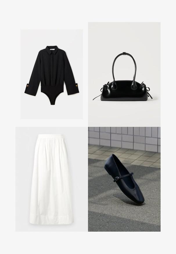 Bodysuit negro de manga larga con cuello de solapa, cierre de botones en la parte frontal y cintura elástica. Presenta puños anchos con botones en tono dorado.; Falda blanca hasta el tobillo con cintura elástica fruncida y tela suelta y fluida.; Zapato plano Mary Jane de cuero negro con una pequeña correa con hebilla, colocado sobre una superficie de asfalto gris cerca de una pared alicatada.; Pequeño bolso negro brillante con dos asas largas y detalles de cordón lateral sobre un fondo claro liso.