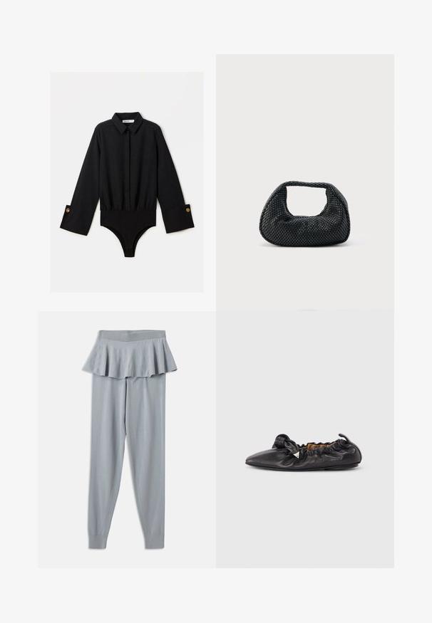 Bodysuit negro de manga larga con cuello de solapa, cierre de botones en la parte frontal y cintura elástica. Presenta puños anchos con botones en tono dorado.; Leggings gris claro con cintura acampanada y con volantes, y piernas ajustadas, hechos de tela suave. Cuenta con una cintura elástica para mayor comodidad.; Bailarina de cuero negro con fruncidos, punta afilada y pequeño adorno triangular metálico en el lateral, suela plana.; Bolso hobo tejido negro con estructura suave y asa integrada, exhibido sobre un fondo liso y claro.