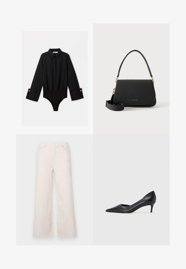 Bodysuit negro de manga larga con cuello de solapa, cierre de botones en la parte frontal y cintura elástica. Presenta puños anchos con botones en tono dorado.; Pantalones de denim de pierna ancha, color beige claro, con una cintura alta, cinco bolsillos y cierre de botón en la parte delantera. Textura suave, detalles de costura mínimos.; Zapato de tacón bajo de cuero negro con punta puntiaguda. Presenta una textura lisa y un brillo sutil. Corte abierto en la parte frontal para un detalle adicional.; Bolso de hombro de cuero negro con solapa curva, herrajes dorados, correa cruzada de tela ajustable y pequeño logo de Michael Kors.