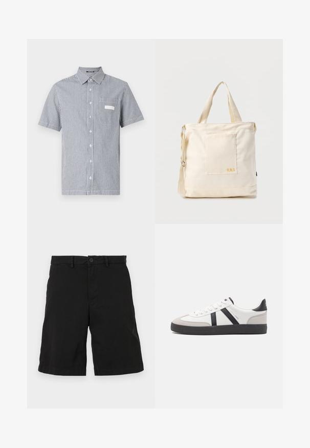 Chemise à manches courtes avec un motif rayé bleu et blanc, dotée d'une poche poitrine et d'un col classique. Fabriquée en tissu léger.; Shorts noirs en coton avec un design à l'avant plat, dotés d'une fermeture à bouton et de poches latérales, sans motifs ni accents visibles.; Baskets blanches avec des accents noirs et gris, présentant un embout texturé gris, une semelle en caoutchouc noir et des lacets plats blancs. Design épuré, style minimaliste.; Sac fourre-tout en toile crème avec poche avant, deux poignées, bandoulière réglable et petit texte jaune "O.N.S" en bas à droite de la poche.