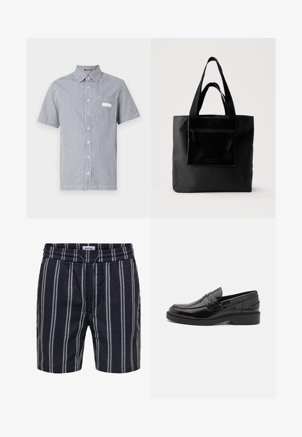 Chemise à manches courtes avec un motif rayé bleu et blanc, dotée d'une poche poitrine et d'un col classique. Fabriquée en tissu léger.; Short bleu marine avec des rayures blanches verticales, taille élastique et cordon, fabriqué par Only & Sons.; Mocassins en cuir noir avec une finition lisse, un bout rond, un petit talon et descoutures décoratives à l'avant. Semelle en caoutchouc pour l'adhérence.; Sac cabas noir avec poche zippée à l'avant et double poignée, posé sur un fond clair uni.