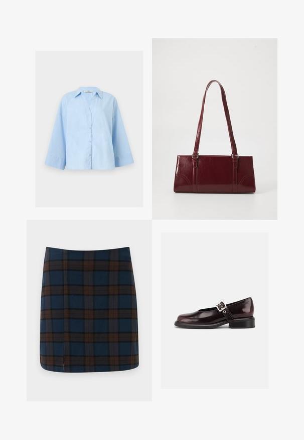 Chemise boutonnée oversize bleu clair avec manches larges trois quarts et col classique, présentée à plat sur un fond clair.; Jupe mini en tartan bleu marine avec des lignes marron et grises, fabriquée dans un tissu lisse, avec une fente discrète au dos pour plus de liberté de mouvement.; Chaussure Mary Jane unique brillante couleur bordeaux foncé avec une large bride et une boucle argentée, talon bloc bas et bout arrondi sur fond blanc.; Sac à main bordeaux en matériau brillant, de forme rectangulaire, avec deux anses et des accents légèrement courbés à l'avant.