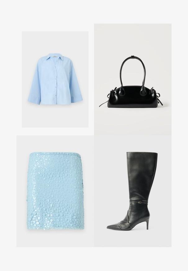 Chemise boutonnée oversize bleu clair avec manches larges trois quarts et col classique, présentée à plat sur un fond clair.; Mini-jupe bleu clair ornée de petits sequins floraux répartis sur toute la surface, créant un motif texturé scintillant.; Bottes noires en cuir montant jusqu'au genou, avec un talon fin, un bout pointu et des détails de lanière à la cheville. Texture lisse et design ajusté.; Petit sac à main noir brillant avec deux longues anses et des détails à cordon sur les côtés sur un fond clair uni.