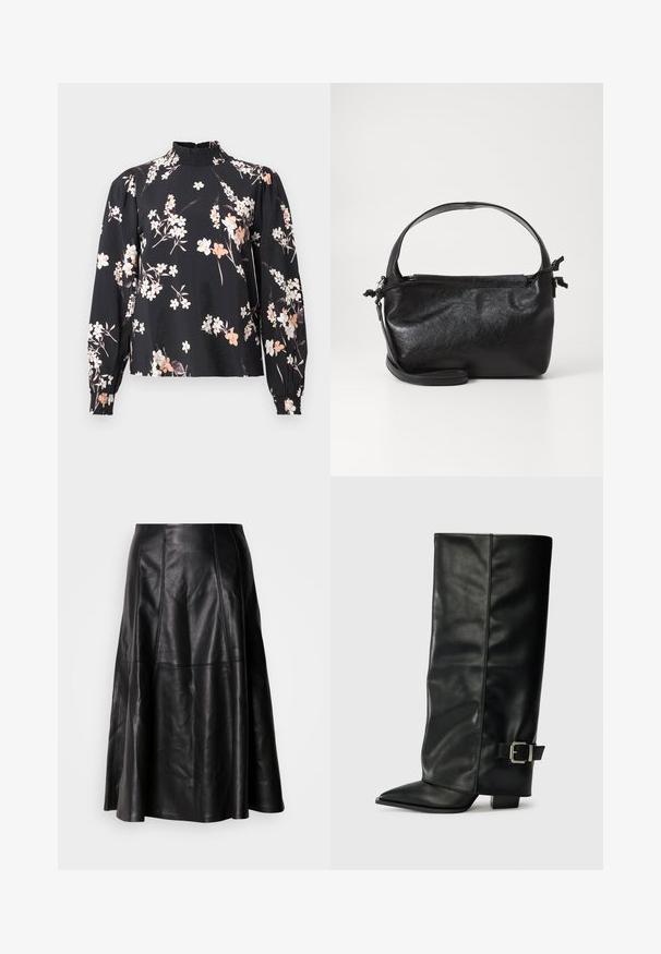 Blouse noire à manches longues, motif floral en blanc et pêche, col smocké haut et poignets froncés. Tissu doux et léger.; Jupe en cuir noir avec une silhouette évasée, présentant des coutures visibles et une texture lisse. Conception mi-longue avec une coupe classique.; Bottes noires en cuir longueur cheville avec un bout pointu, texture lisse et une accent en boucle argentée sur le côté. Talon carré épais.; Sac à main en cuir noir au design structuré, avec une poignée arrondie et une bandoulière amovible. Présente une texture lisse et un éclat subtil.