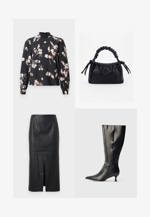 Blouse noire à manches longues, motif floral en blanc et pêche, col smocké haut et poignets froncés. Tissu doux et léger.; Jupe midi en cuir noir avec une fente à l'avant, texture lisse, design ajusté et détails de couture subtils sur le devant.; Botte en cuir noire montant jusqu'au genou, avec un bout pointu et un petit talon bas, présentée sur un fond clair uni.; Sac à main noir avec texture crocodile, bord supérieur froncé, poignée plissée et pompons à cordon de chaque côté sur fond blanc.