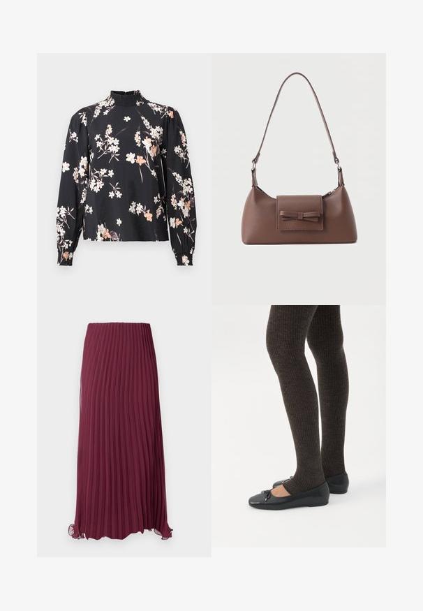 Blouse noire à manches longues, motif floral en blanc et pêche, col smocké haut et poignets froncés. Tissu doux et léger.; Jupe plissée longue bordeaux en tissu léger avec une taille élastique et un ourlet légèrement ondulé. Plis verticaux texturés sur toute la surface.; Jambes portant des leggings côtelés foncés associés à des ballerines noires avec de petits détails en nœud sur fond blanc.; Sac à bandoulière en cuir marron avec une poche à rabat avant ornée d'un détail en forme de nœud cousu et une sangle réglable.