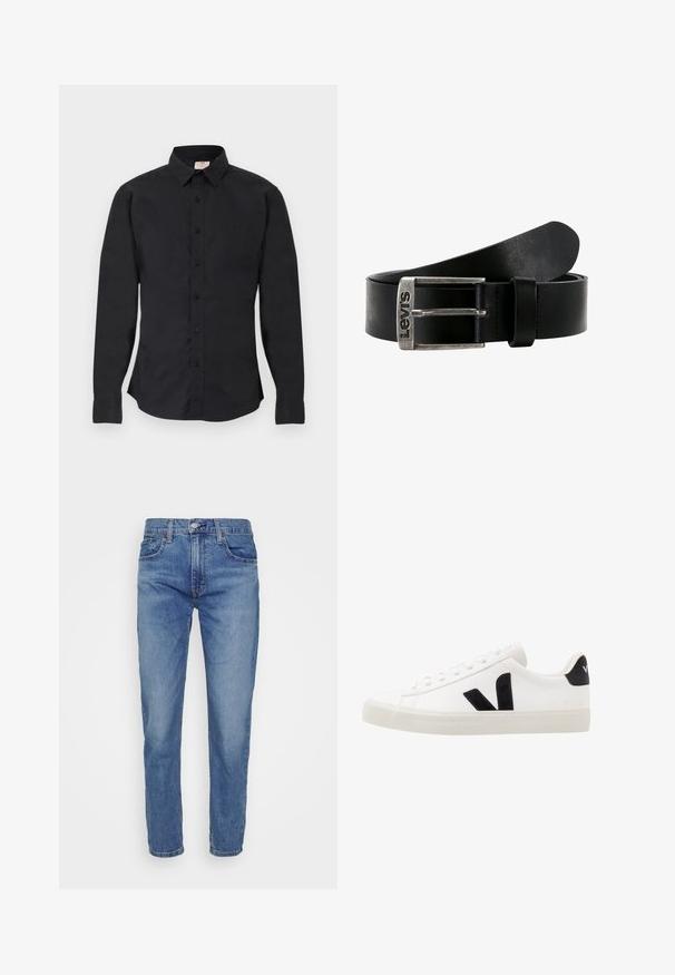 Zwarte blouse met lange mouwen, knoopsluiting, kraag, knoopmanchetten en een klein logo aan de linkerkant van de borst, tentoongesteld op een vlakke ondergrond.; Levi's® 502™ TAPER HI BALL - Slim fit jeans - dolf bombay adv; Witte leren sneaker met zwarte suède accenten; voorzien van een rubberen zool, ronde neus en een klassieke vetersluiting. Zijkant met logo in het zwart.; Zwarte leren riem met een zilveren rechthoekige gesp. De gesp heeft het 'Levi's' logo in reliëf op de voorkant. Gladde textuur.