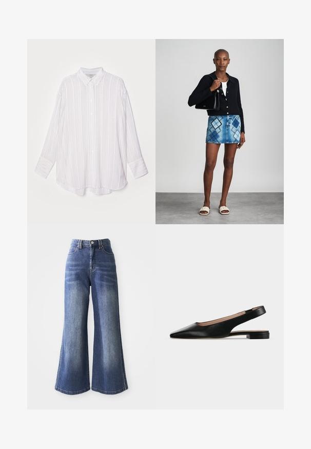 Chemise blanche à manches longues avec des rayures verticales gris clair, col boutonné et poignets retournés. Tissu doux avec une coupe légèrement oversize.; Jean en denim à jambe large dans un bleu moyen, présentant une taille haute, un design à cinq poches et des coutures contrastées le long des ourlets et des côtés.; Chaussure plate en cuir noir avec bride arrière, bout pointu et petit talon carré sur fond blanc.; Un cardigan en maille noir, un haut blanc, une jupe en denim avec un motif de diamants bleus et noirs, un sac à main noir et des sandales à enfiler beiges.