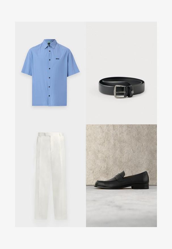 Chemise à manches courtes bleu clair avec col pointu et boutons noirs, présentant un petit logo "BOSS" noir sur la poitrine gauche.; Pantalon blanc ajusté avec plis à l'avant, taille, passants de ceinture et fermeture frontale dissimulée, présenté sur un fond neutre.; Mocassin en cuir noir flottant au-dessus d'un tapis beige avec une table ronde brune brillante en arrière-plan.; Ceinture en cuir noir avec une boucle en métal argenté brillante, texture lisse et bords cousus. Dispose d'une boucle pour fixer l'extrémité de la ceinture.