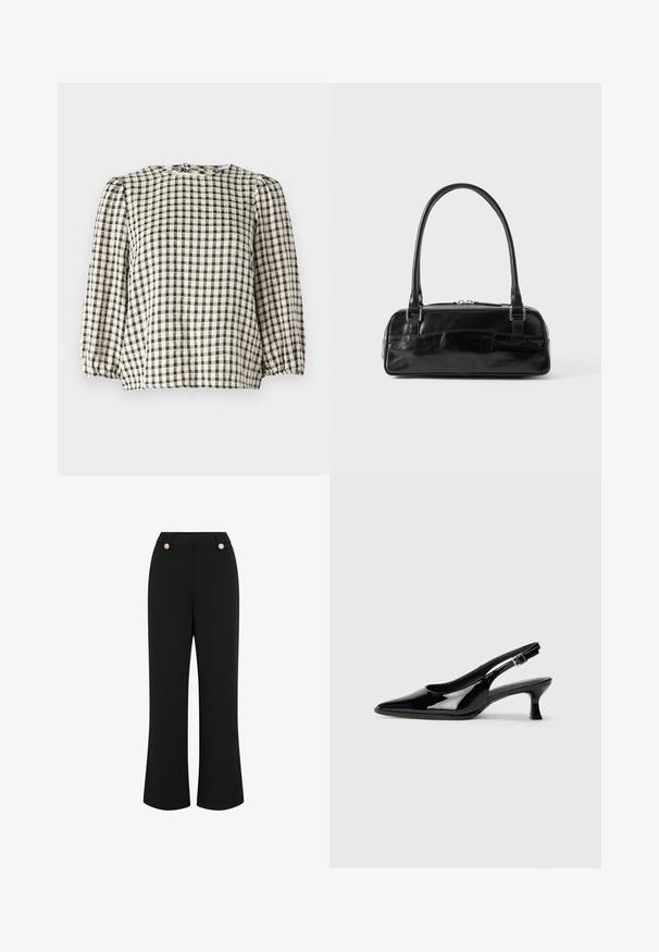 Blusa a cuadros en negro y beige con escote redondo, mangas largas abullonadas y detalle de dobladillo fruncido. Confeccionada en una tela ligera.; Pantalones de pierna ancha negros con textura suave, que presentan una cintura alta, dos botones en tono dorado y un diseño ajustado. Sin bolsillos visibles.; Zapatos de charol negro tipo slingback con punta afilada y tacón bajo. Correa ajustable con hebilla en el tobillo.; Bolso de mano de cuero negro con forma rectangular, equipado con un asa estructurada, herrajes en plata y cierre de cremallera. Textura suave.