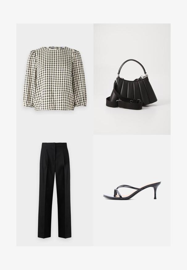 Blusa a cuadros en negro y beige con escote redondo, mangas largas abullonadas y detalle de dobladillo fruncido. Confeccionada en una tela ligera.; Pantalones negros de tela tejida, con un diseño ajustado que incluye pliegues, pierna recta y frontal plano. Textura duradera y suave.; Sandalia de tacón de charol negro con tiras finas cruzadas y un tacón de aguja delgado de altura media, sobre un fondo blanco.; Bolso de mano negro con pliegues, manejo redondeado, correa ajustable y textura brillante. Presenta herrajes plateados y una silueta estructurada.
