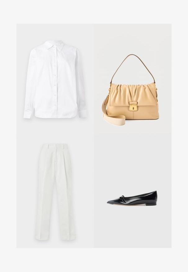 Chemise blanche à manches longues à bouton en coton, avec un col pointu et une coupe droite au toucher lisse.; Pantalons blancs taille haute en tissu lisse, à jambe droite, avec un devant plissé et des poches latérales.; Chaussure plate en cuir verni noir avec un bout pointu, une petite lanière décorative et un petit talon carré. Texture lisse et design épuré.; Sac bandoulière en cuir beige Marc Jacobs avec rabat froncé, fermoir doré et bandoulière large en tissu détachable sur fond uni.