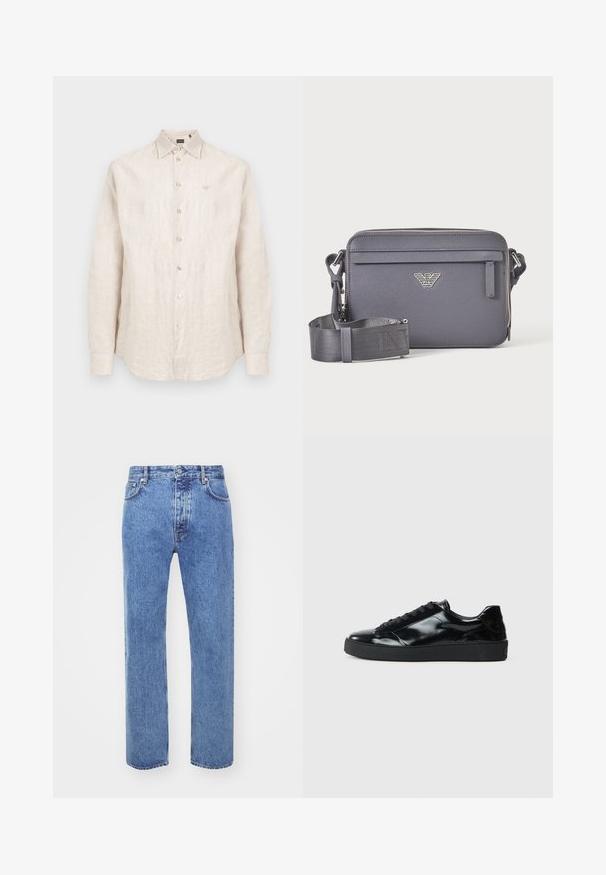 Chemise en lin beige à manches longues avec boutons, col et logo brodé subtil sur la poitrine gauche.; Won Hundred STEVE - Jean boyfriend - cut blue; Baskets en cuir verni noir avec un bout arrondi, un laçage, une semelle en caoutchouc texturé et une finition lisse.; Sac bandoulière rectangulaire gris foncé avec sangle réglable, poche avant zippée et emblème de logo argenté.